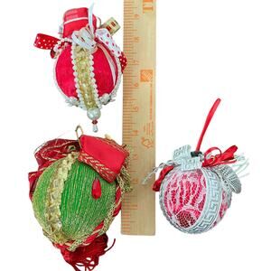 Homemade Christmas Ornaments Vtg Lot of 3 Red Green Styrofoam Pin Ribbon Lace